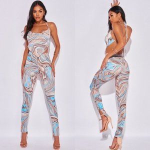 Blue Marble Print Sleeveless Backless Top and High Waist Leggings Two Piece Set